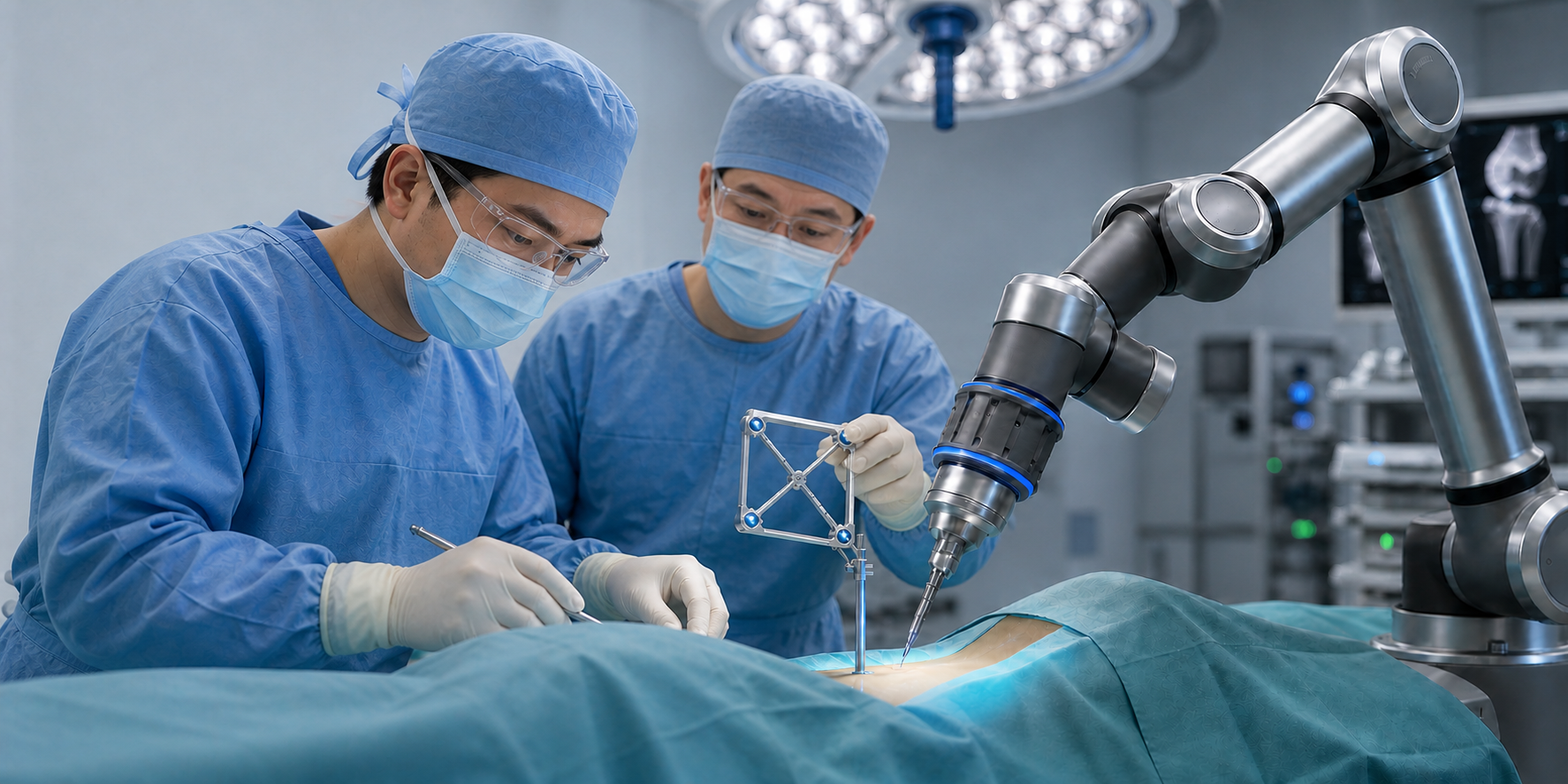 Chinese surgeons actively assisting a robotic-assisted orthopedic surgery system